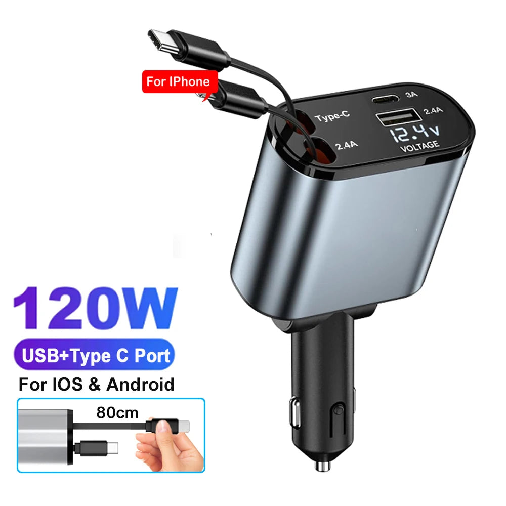 4 IN 1 Car Phone Charger 120W Type C 66W+2.4A Charging Cable with Retractable Cords with Volt Display For IPhone Huawei Samsung
