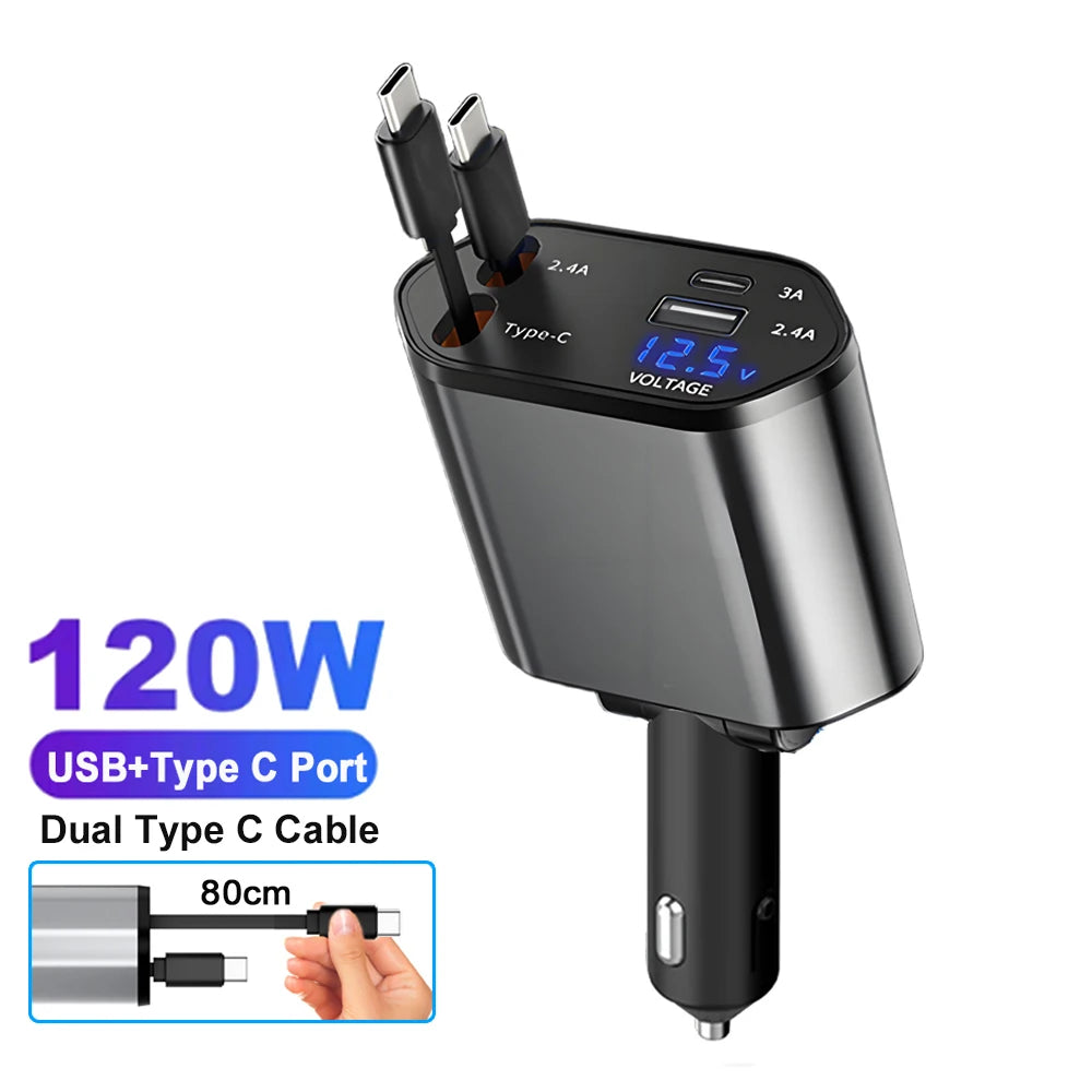 4 IN 1 Car Phone Charger 120W Type C 66W+2.4A Charging Cable with Retractable Cords with Volt Display For IPhone Huawei Samsung