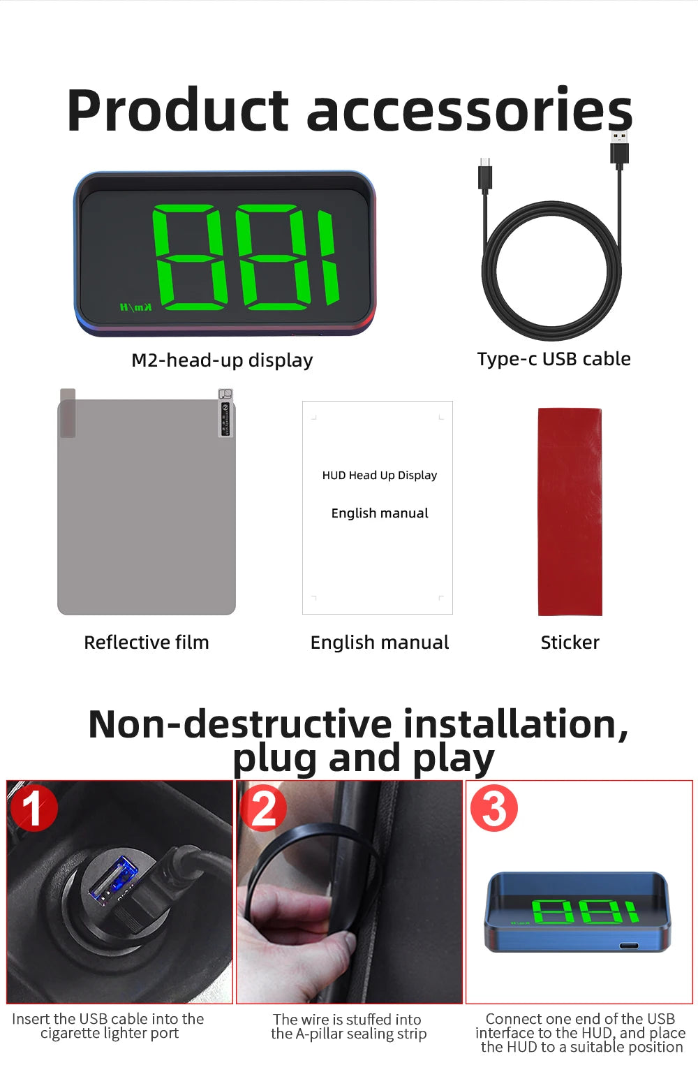 M2 GPS for HUD Car Auto Digital Speedometer Accessories Head-Up Display Auto Electronics Projector Display White Green Light LED