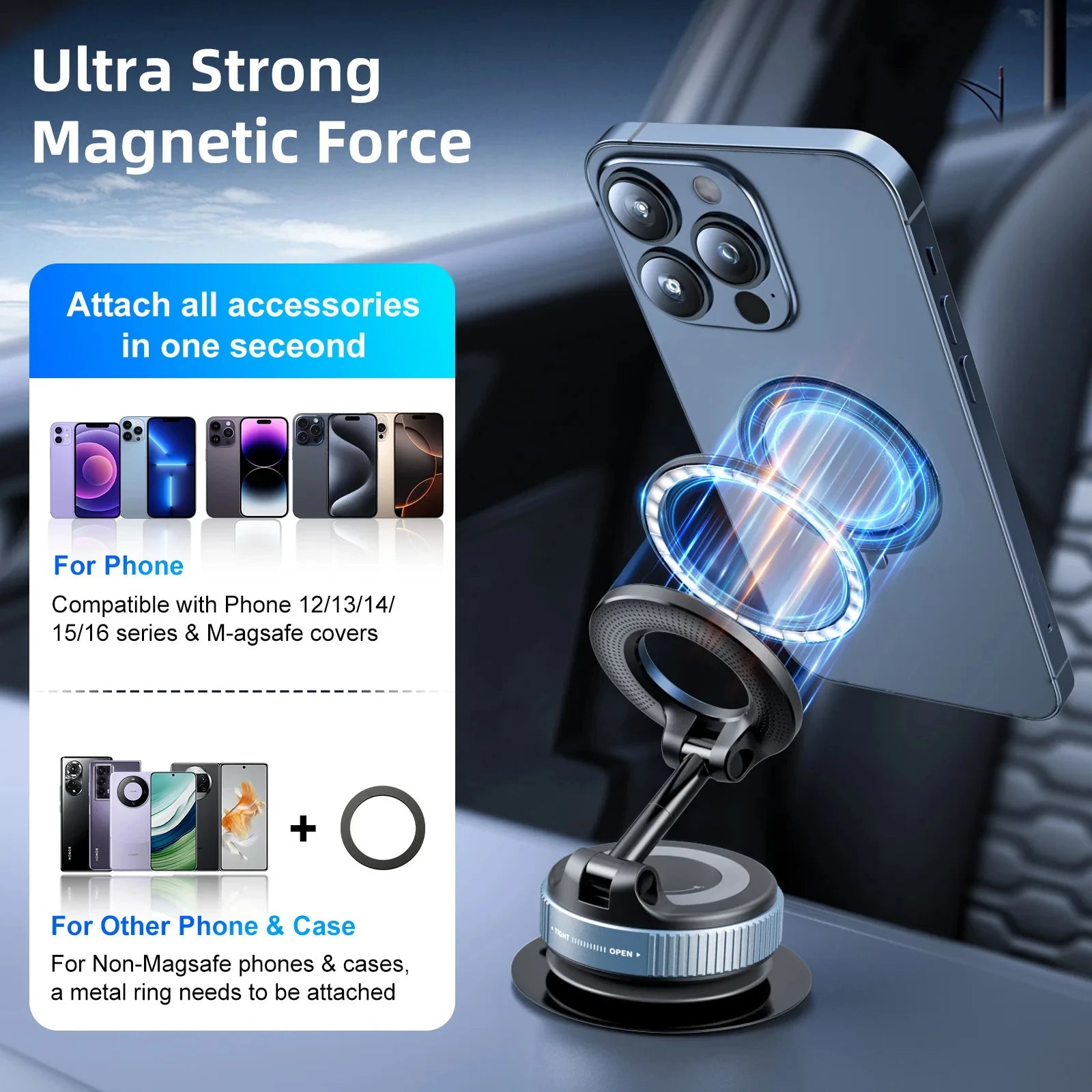 Car Phone Magnetic Stand Mechanical Vacuum Suction Cup Rotate 360°