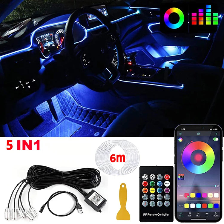 LED Car Interior Ambient Strip Lights RGB Fiber Optic Atmosphere Neon Lighting Kit W/ APP Remote Control Auto Decorative Lamps